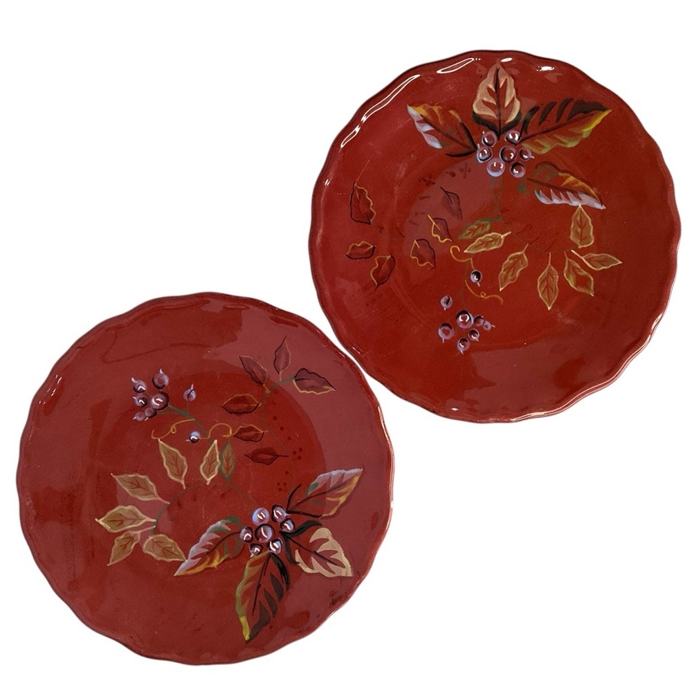 Home Trends Arcadia Stoneware Salad Plates Red with Leaves & Berries Set of 2